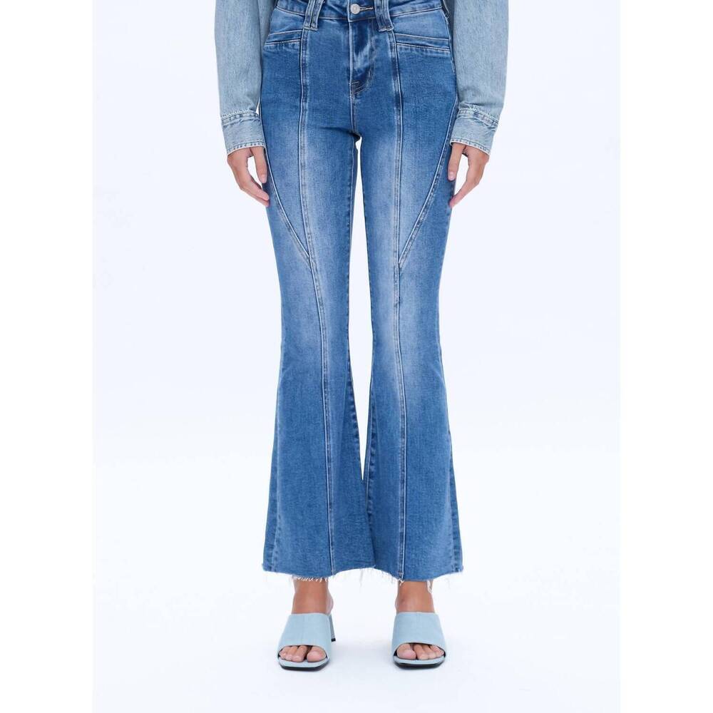 NEW BAYEAS high waist raw hem flare jeans in medium blue